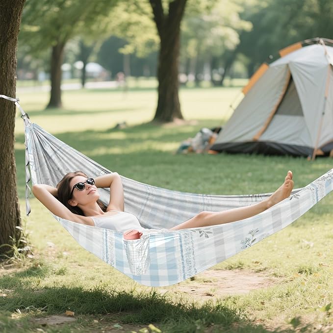 Blue Gingham Floral Hammocks for Camping with Portabl Carry Bag Hanging Hammock Outside Beach Patio Garden