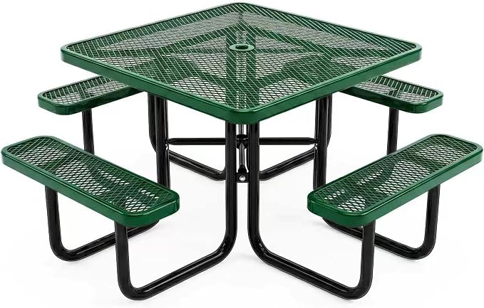 46-Inch Square Metal Outdoor Picnic Table – Commercial Heavy-Duty Steel Dining Table with Thermoplastic Coating, Weather & Rust Resistant, Ideal for Patio, Outside, Garden, Schools(Green)
