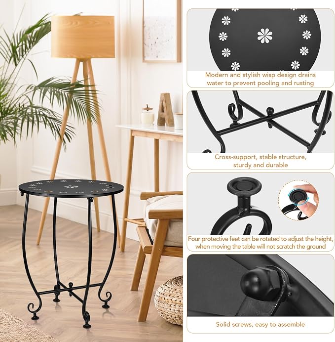 2 Pack Small Outdoor Side Tables for Patio, 14 Inch Metal Patio Side Table, Weather Resistant Steel Outdoor Round End Table for Patio Porch Garden Yard Balcony, Black (Petal)