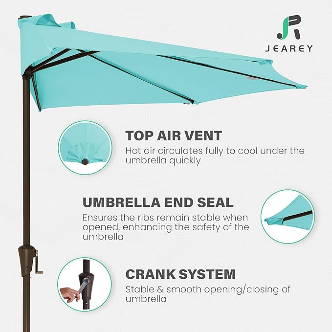 JEAREY 9ft Half Umbrella Outdoor Patio Umbrella Market Umbrellas with Crank, 1/2 Round Wall Umbrella 5 Sturdy Ribs UV Protection for Pool Garden Balcony Deck, Teal Blue