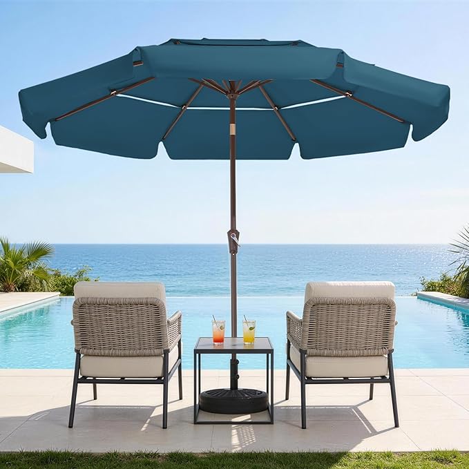 JEAREY 3 Tiers 9 FT Patio Umbrellas Outdoor Table Umbrella with Push Button Market Umbrella 8 Sturdy Ribs UV Protection Waterproof for Garden,Lake Blue