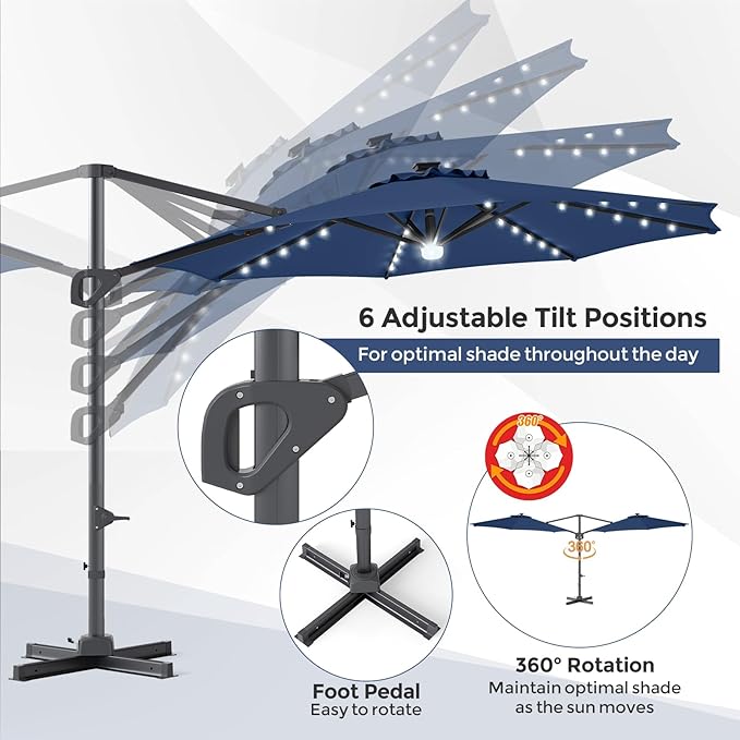 Tangkula 10ft Patio Umbrella with Solar Lights, Offset Cantilever Square Outdoor Umbrella with 35 LED Lights, Aluminum Pole, 360 Degree Rotation, Tilt Adjustment, Air Vent for Pool Deck Yard (Navy)