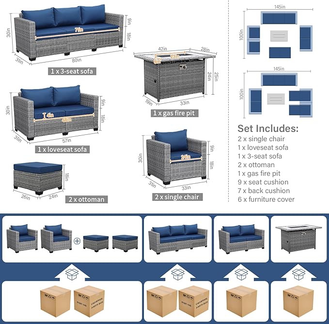 Rattaner Patio Furniture Set with 45-Inch Fire Pit 7-Piece Outdoor Furniture Sets Patio Couch Outdoor Chairs 60000 BTU Propane Fire Pit Table Non-Slip Cushions and Waterproof Covers, Navy Blue
