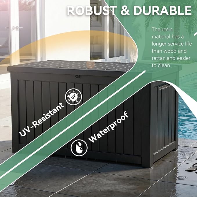 Vixzen 280 Gallon Outdoor Storage Box Waterproof, Large Lockable Resin Deck Box with lid for Patio Furniture Cushions, Weatherproof Storage Boxes for Garden Tools Pool Accessories (Black, 280 Gallon)