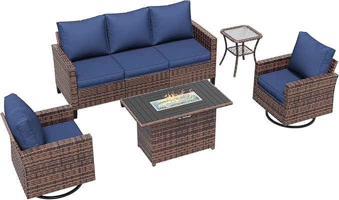 Amopatio Patio Furniture Set, 5-Piece Wicker Outdoor Sectional Sofa with Swivel Rocker Chairs, All-Weather Rattan Conversation Set with Fire Pit Table and Waterproof Cover for Backyard Brown/Navy