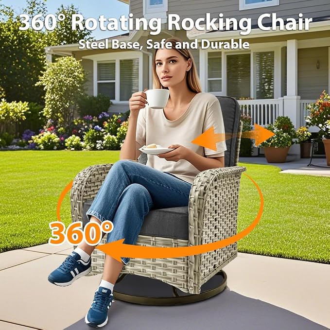 11 Pieces Patio Sectional Furniture Set, Outdoor Wicker Sectional Couch with Firepit Swivel Rocker Chairs Solar Lights Table, Modern Conversation Set for Porch Balcony Backyard, Black