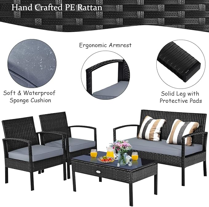HAPPYGRILL 8 Pieces Patio Conversation Set Outdoor Rattan Wicker Sofa & Coffee Table Furniture Set for Patio Garden Poolside