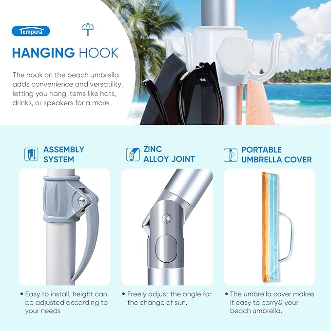 Tempera Heavy Duty High Wind Beach Umbrella with Sand Anchor & Carry Bag | Patio Outdoor Umbrella with Aluminum Frame and Push Button Tilt, Ideal for Travel Garden Lawn, UPF 60+