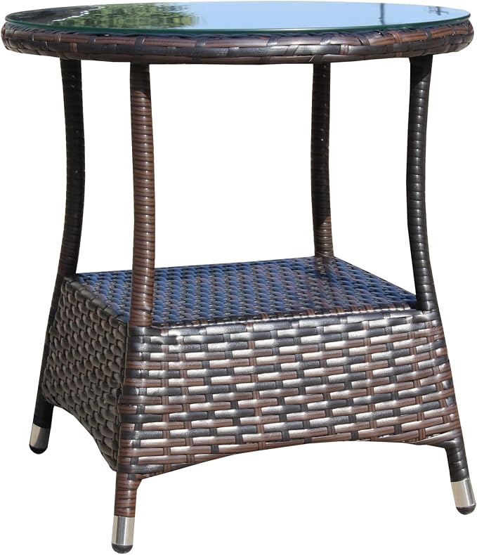 Patio Wicker Side Table 21" Round – Outdoor Coffee Table with Storage Shelf & Tempered Glass Top, PE Rattan End Table for Backyard Balcony Garden, 120 lbs Capacity, Brown