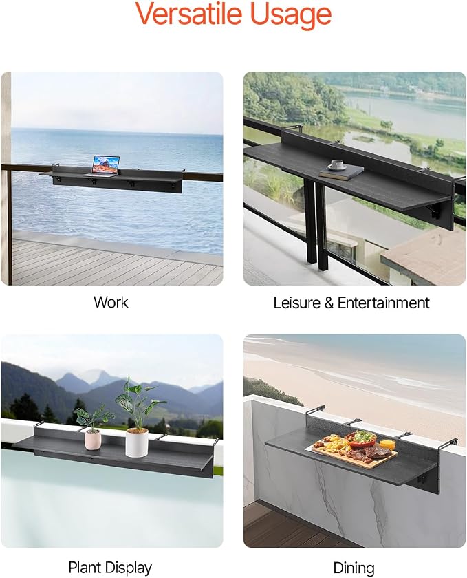 VEVOR Balcony Hanging Table, 59 x 12 inch, Outdoor Balcony Bar Table for Railings, 50 lbs Loading, Fit Railing from 1" to 4.3", Serving Table for Patio & Deck