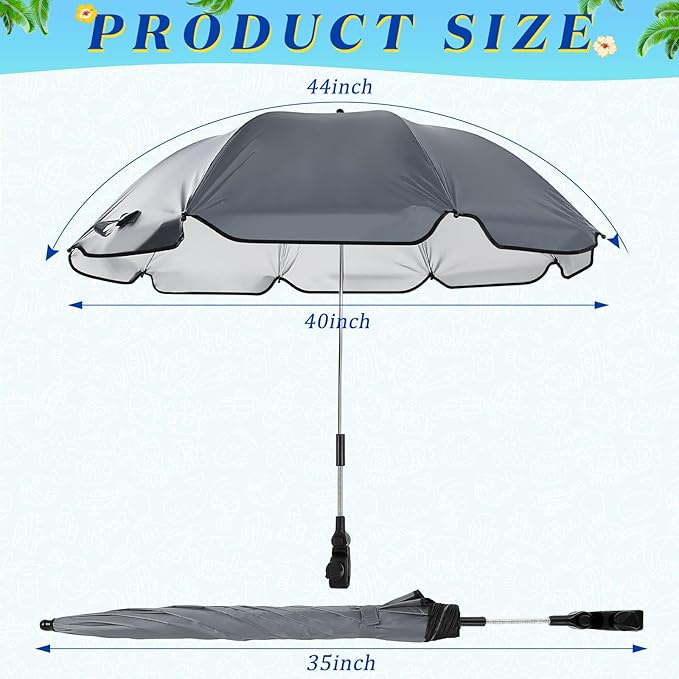 Buryeah 2 Pcs Beach Chair Umbrella Automatic with Universal Adjustable Clamp 44" UPF 50+ Portable Clamp on Beach Chair for Wheelchair Patio Golf Carts Camping