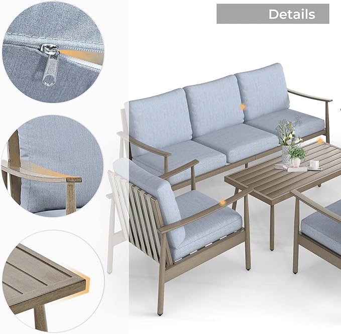 HAPPATIO Outdoor Furniture Set - 5 Piece Aluminum Patio Conversation Set with 1 Coffee Table, 2 Armchairs, Loveseat and 3-Seat Sofa, Aluminum Patio Furniture Set for Backyard Deck Poolside (Brown)