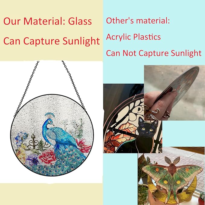 Stained Glass Window Hanging, Peacock Stained Glass Suncatcher Garden Hangings Christmas Mother's Day, Valentine's Day Ornaments Festival Gift 7.87 in