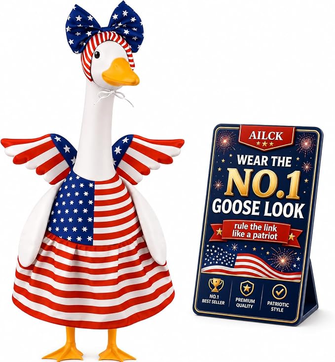 Porch Goose Outfits 23 Inch Summer Statue for 4th of July Patriotic Independence Memorial Day Clothing Dress for Garden Patio Outdoor Holiday Seasonal Costumes Outfit US 250th Anniversary Decoration