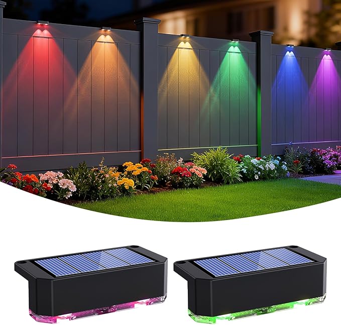 Peasur Solar Fence Lights Outdoor RGB, 2 Pack Step Light Solar Powered, Waterproof LED Deck Lights for Stairs Railing Yard Patio Outside