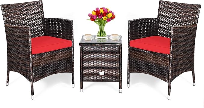 DORTALA 3 Piece PE Rattan Patio Furniture Set, Outdoor Chairs & Table Set with Tempered Glass Top & Cushions, Wicker Conversation Set for Garden Backyard, Red