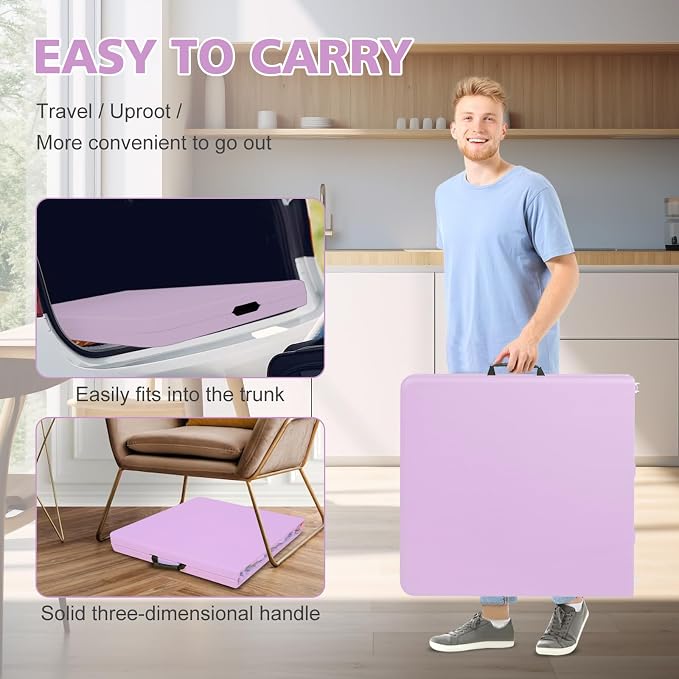 Portable 4Ft Folding Table, Heavy Duty Plastic Fold-in-Half Utility Foldable Table, Adjustable Height Plastic Folding Table with Carrying Handle for Camping &Party Indoor/Outdoor(Light Purple)