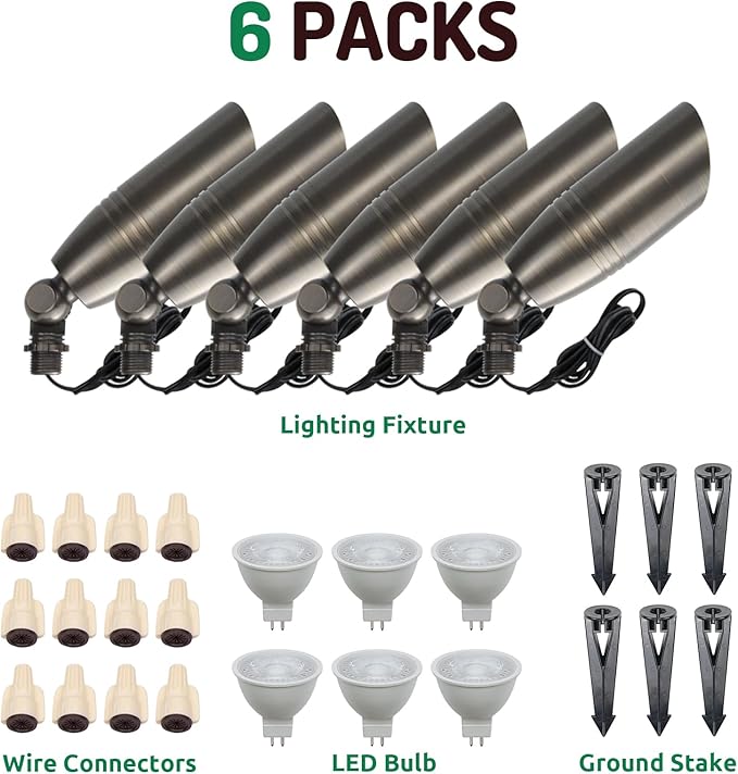 DOSHINE® Solid Brass Landscape LED Spotlights Outdoor Low Voltage Landscape Lighting AC/DC 12V Uplight Accent Light for Tree Garden Yard with Replaceable 5W 3000K Warm White 560LM MR16 Bulb (6-Pack)