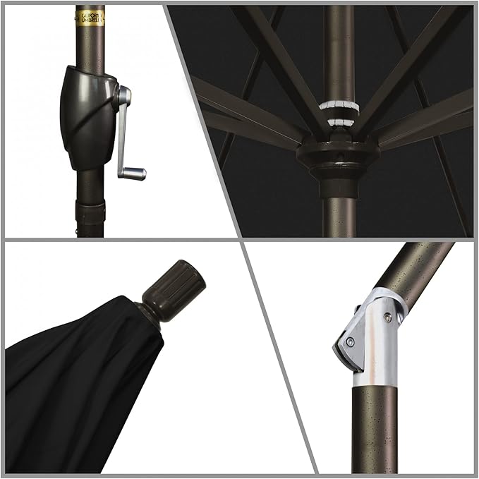 California Umbrella 9' Round Aluminum Patio Umbrella, Crank Lift, Push Button Tilt, Bronze Pole, 4-Year Non-Fading Fabric, Black