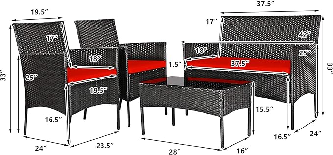 DORTALA 4 Pieces Patio Furniture Set, Rattan Conversation Set with Coffee Table & Cushions, Outdoor Wicker Sofa Set for Poolside, Backyard, Red