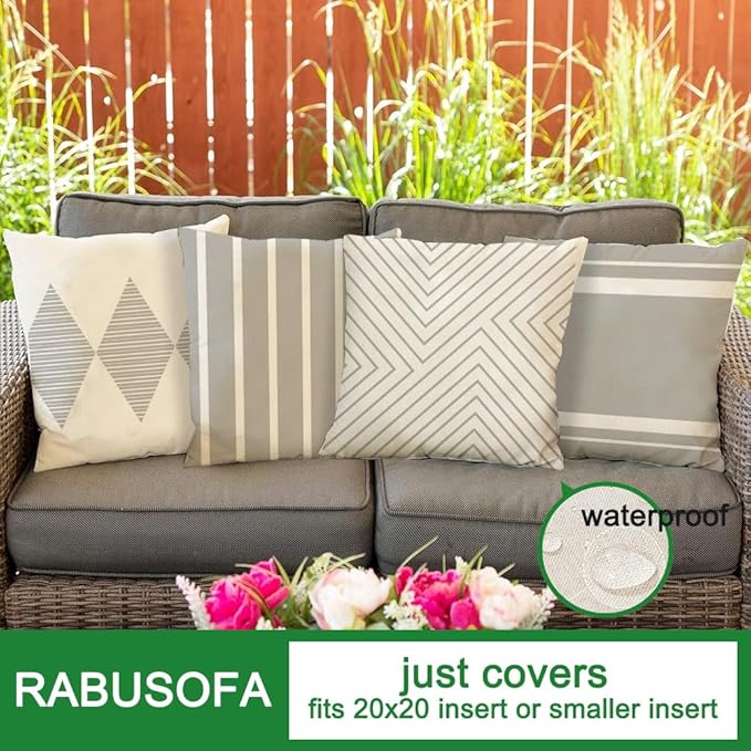 RABUSOFA Outdoor Pillow Covers 20x20 inch Waterproof,Gray and White Boho Set of 4 for Patio Furniture Sunbrella Couch(20" x 20" (Pack of 4))