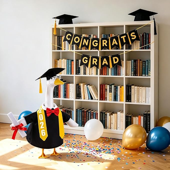 Celltestria Graduation Goose Outfits Black Graduation Porch Goose Costume Congrats Grad Cap Gown Stole Goose Clothes for 23" Geese Outdoor Patio Yard Lawn Garden Art Decoration