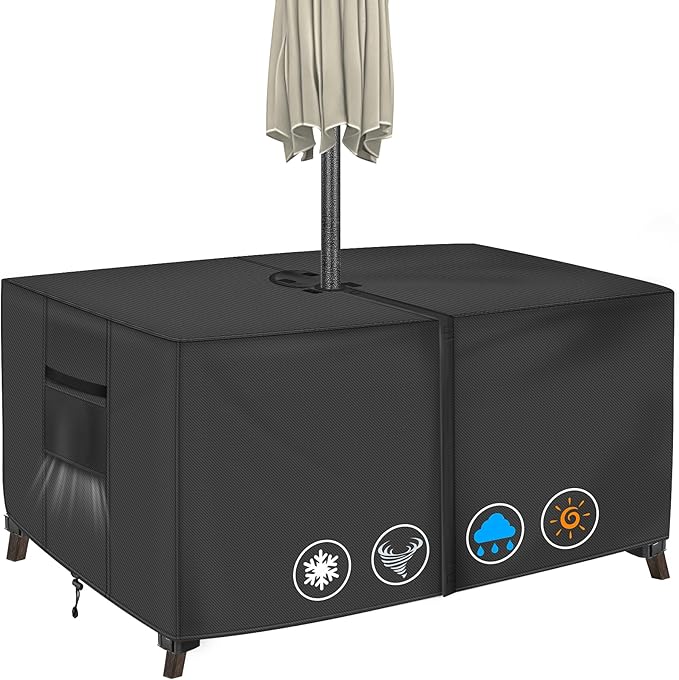 Rectangular Patio Table Cover with Umbrella Hole 72"L x 44"W x 23"H (COVER SIZE，NOT TABLE SIZE) Heavy Duty Waterproof Black Set Tarpaulins