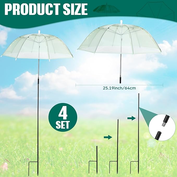 Abbylike 4 Pcs Plant Umbrella Transparent Garden Plant Umbrellas Adjustable Height Waterproof Portable Greenhouse Umbrella for Small Plants Potted Plants Garden Flower Beds (25 Inch,Green)