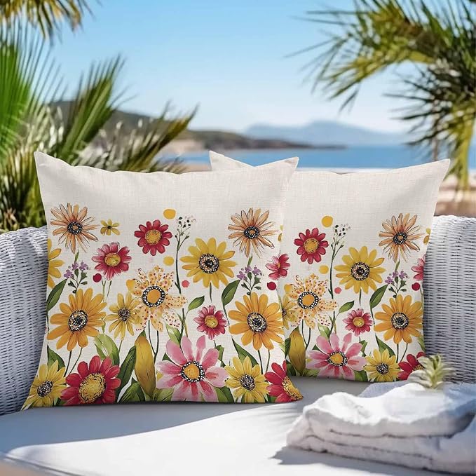 Yellow Red Spring Floral Outdoor Waterproof Throw Pillow Covers 26x26 Set of 2, Pastoral Summer Flower Rustic Decorative Pillowcases Cushion Pillowcase for Couch Sofa Patio Outside Pillow Protector
