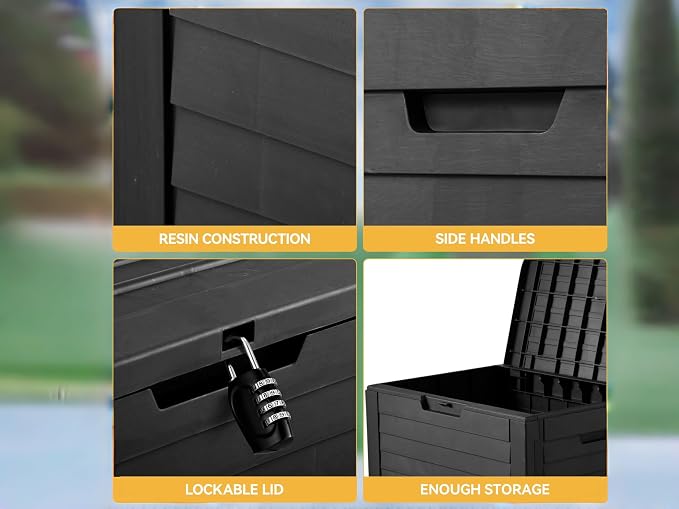 35 Gallon Louvered Outdoor Deck Box, Waterproof Resin Storage Box with Lockable Lid for Patio, Garden, Poolside Toys and Package Delivery