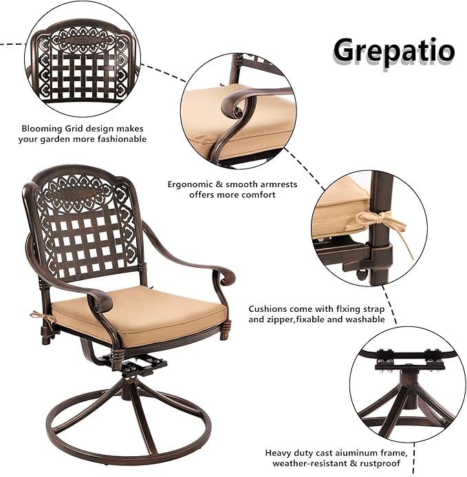 Grepatio 9 Piece Cast Aluminum Patio Furniture Set Outdoor Dining Set Bistro Furniture Set with 6&2 Swivel Chairs and Table with Umbrella Hole, 8 Cushions for Backyard Garden Poolside (Grid Khaki)