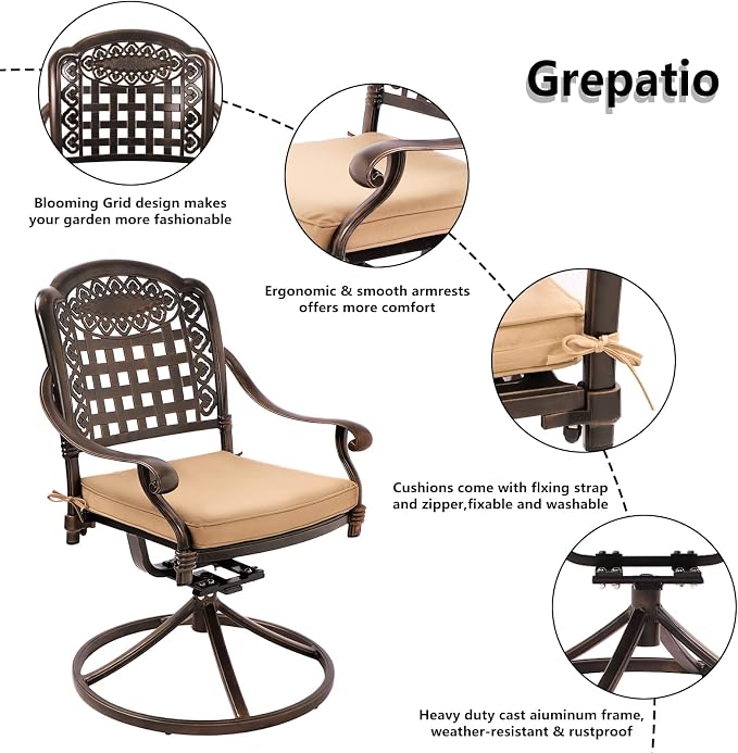 Grepatio 9 Piece Cast Aluminum Outdoor Dining Set, Patio Furniture Set with 2“ Umbrella Hole and 6 Chair & 2 Swivel Chairs with Cushions, Dining Furniture Set for Porch Poolside Garden (Khaki Grid)