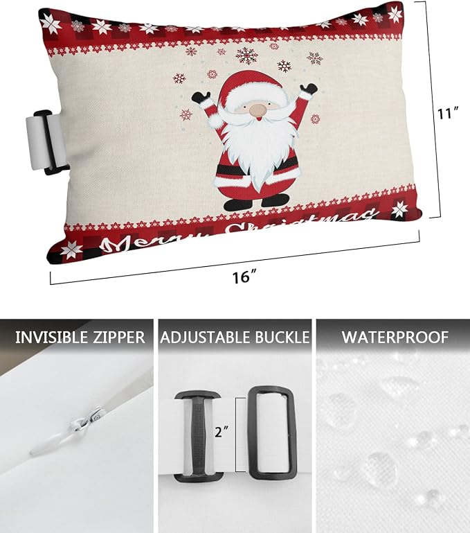 Outdoor Pillows Covers with Inserts Merry Christmas Gnome Santa Claus Snowflakes Border Waterproof Pillow with Adjustable Strap Throw Pillows for Patio Furniture Recliner Lounge Chair, 11" x 16", 1PCS