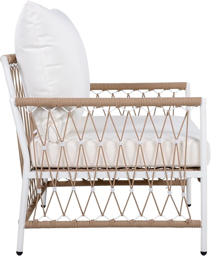 Christopher Knight Home Gwen 3-Piece Bohemian Outdoor Patio Furniture Set, Set of 2 Lounge Chairs with Cushions & Glass Top Side Table, Patio Conversation Set for Garden, Poolside, Beige + Natural