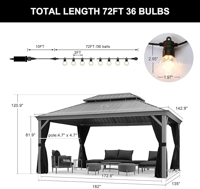 PURPLE LEAF 12' X 16' Hardtop Aluminum Gazebo with Netting and Curtains Heavy Duty Permanent Gazebo with Double Metal Roof for Patio Deck Lawn Garden All Weather Outdoor Pavilion Gazebos, Light Grey