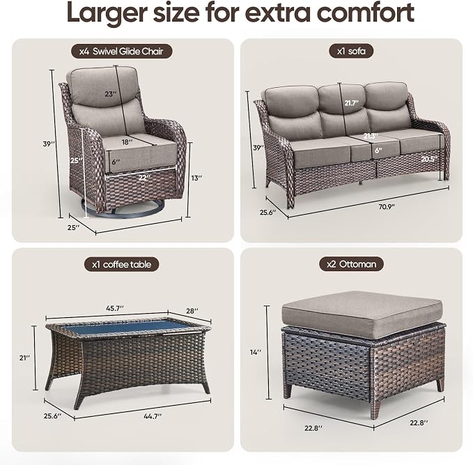 Swivel Patio Chairs sofa Set of 8 with 6" Thick Cushion - Wicker Outdoor Swivel Rocker Patio Chair ,Sofa/Glass coffee table, High Back Comfortable Outdoor Glider Chairs - Brown Wicker | Gery Cushions