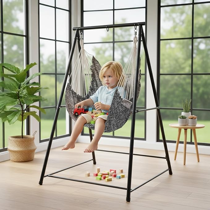 Hammock Chair Stand with Swing Chair,Hanging Swing Chairs,Indoor & Outdoor Hammock Chair Stands,Comfortable Hanging Hammocks Chairs,with Cushions,for Bedroom Patio Porch Deck Garden Balcony (Black)