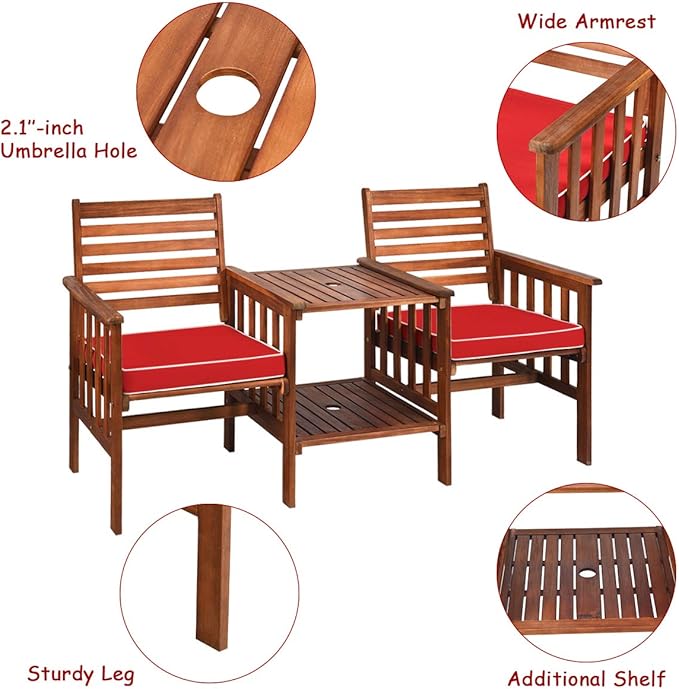 Tangkula Acacia Wood Loveseat, 3pcs Outdoor Table Chairs Set, Patio Conversation Set w/Coffee Table and Soft Cushions, 2.1-inch Umbrella Hole, 2-Seater Furniture Set (Red)
