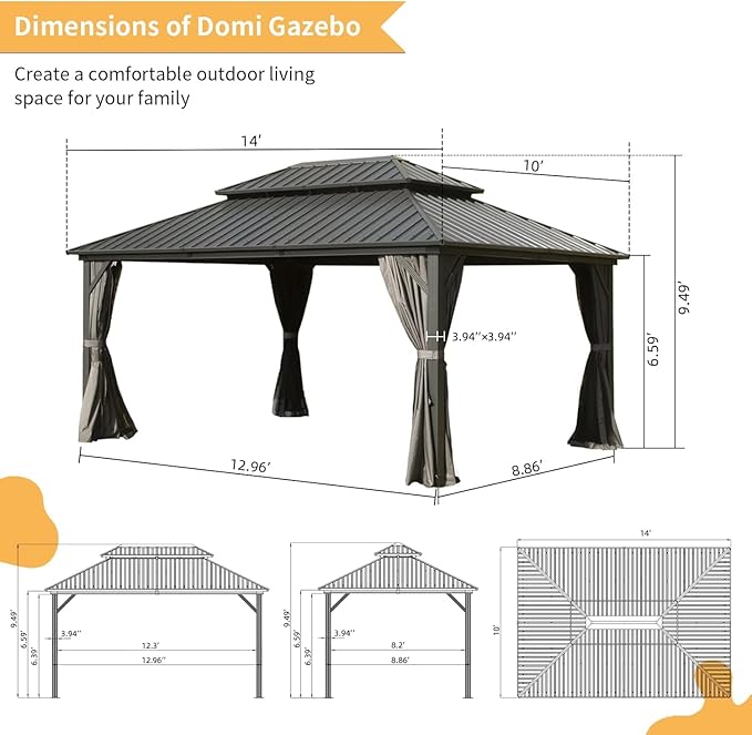 Domi Outdoor Hardtop Gazebo 10’x14’, Permanent Metal Gazebo for Patios with Aluminum Frame, Galvanized Steel Double Roof, Heavy Duty Curtains & Netting, Grey