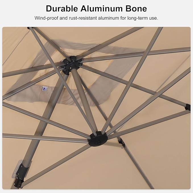 PURPLE LEAF 10' X 13' Patio Umbrella, Rectangle Outdoor Cantilever Umbrella, Aluminum Offset Umbrella with Champagne Frame and 360° Rotation for Pool Deck Garden, Beige