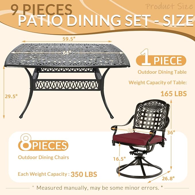 9 Piece Outdoor Patio Dining Set for 8, Cast Aluminium Large Square Dining Table & 8 Swivel Rocker Chairs with Removable Cushions, Umbrella Hole, Patio Furniture Set for Garden, Chili Red