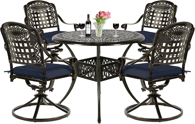 VIVIJASON 5-Piece Outdoor Patio Dining Set, All-Weather Cast Aluminum Conversation Set, Patio Furniture Set, Include 4 Swivel Cushioned Chairs, 1 Round Table w/Umbrella Hole, Navy Blue Cushion