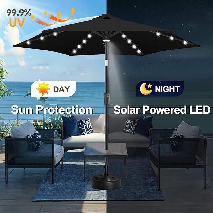 FLAME&SHADE 10ft Solar Outdoor Umbrella - 24 LED Lighted Patio Umbrella with Centre Surround Light, Table Umbrellas with Tilt & Crank for Pool, Porch, Garden, Deck, Backyard UV Protection (Black)