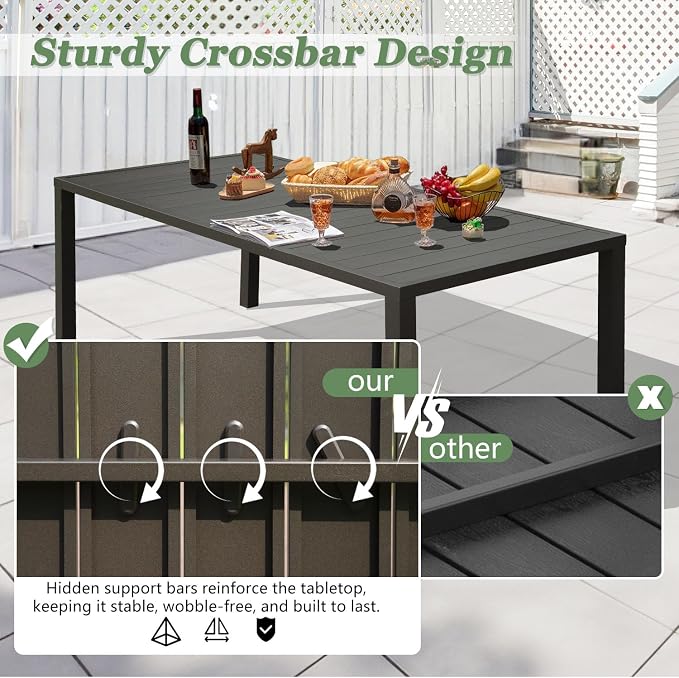 Domi Outdoor Dining Table for 8, Rectangular Metal Patio Table with Umbrella Hole for Deck Garden Lawn Backyard Use, Brown