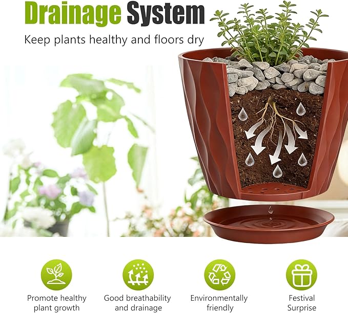 8 Inch Plastic Plant Pots,Set of 5 Flower Pots,Planters with Drainage Holes & Saucers, Indoor Outdoor Garden Pots for Home Decor(Colorful)