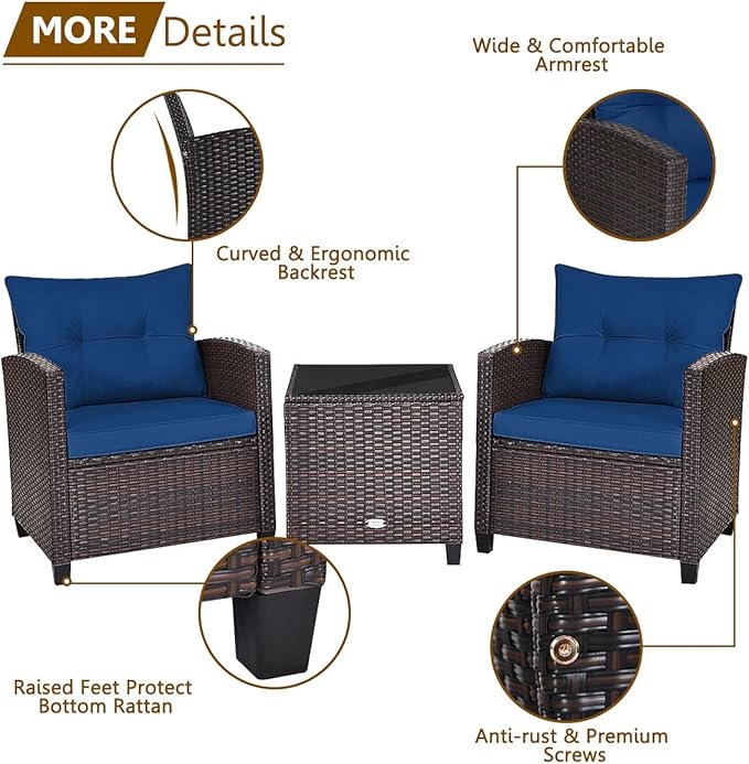 3-Piece Wicker Patio Furniture Set, Outdoor Sofa Set with Water-Resistant Cushion & Tempered Glass Table, Modern Navy Blue Patio Set