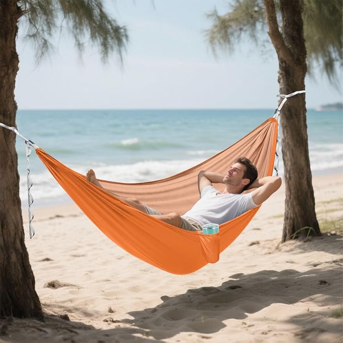 Orange Solid Color Camping Hammock, Portable Lightweight Single Hammock with Tree Straps and Aluminum Carabiners, 114" x 54" Travel Hammock for Hiking Backpacking Beach