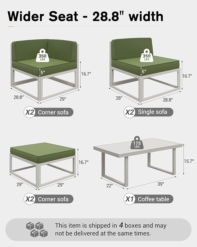 UDPATIO Aluminum Patio Furniture Set, Modular Oversized Outdoor Sectional of Olefin 5 inch Thick Cushion, Coffee Table and Waterproof Cover, Patio Conversation Sets for Porch, Deck