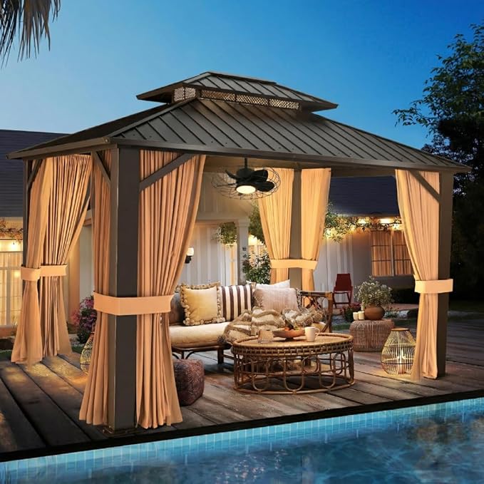 10’x12’ Hardtop Gazebo with Fan, Galvanized Steel Double Roof Canopy with Aluminum Frame, Outdoor Pavilion with Nettings and Curtains