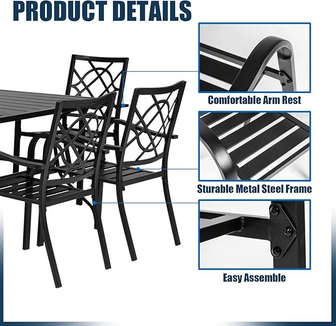 Crownland 5 Piece Outdoor Dining Set, Patio Metal Dining Sets, 4 Stackable Metal Chairs and Square Outdoor Dining Table with Dark Blue 9FT Round Outdoor Umbrella, for Backyard, Garden (Classic Black)